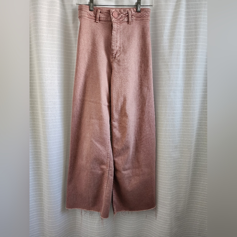 Zara The Marine Straight High Waisted Wide Leg Flare Jeans Raw Hem, Mauve size 2